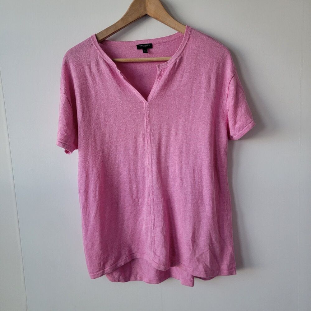 Talbots women's 100% linen v-neck short-sleeve sweater size LP lightweight pink